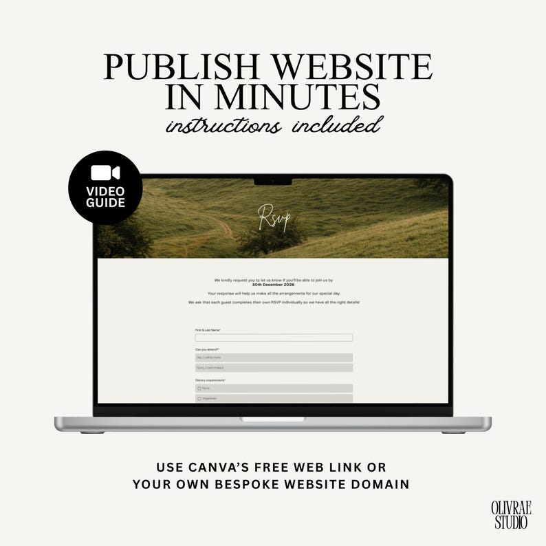 May include: A laptop displays a website with the text "RSVP" and a form. The screen shows a landscape image. The text "Publish Website in Minutes" and "instructions included" are above the laptop. A video guide icon is in the upper left.