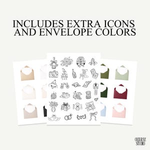 May include: A collection of wedding-themed icons and envelope colors. The image includes various hand-drawn illustrations of wedding elements, such as flowers, rings, and a wedding car. The text at the top reads, "INCLUDES EXTRA ICONS AND ENVELOPE COLORS."