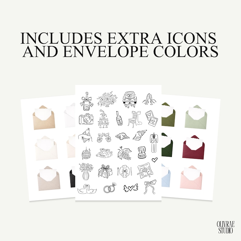 May include: A collection of wedding-themed icons and envelope colors. The image includes various hand-drawn illustrations of wedding elements, such as flowers, rings, and a wedding car. The text at the top reads, "INCLUDES EXTRA ICONS AND ENVELOPE COLORS."