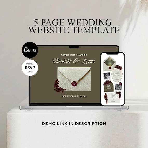 Luxury Wedding Website Template with RSVP Form | Olive Green & Burgundy Digital Invitation | Old Money Design | Editable Canva Template