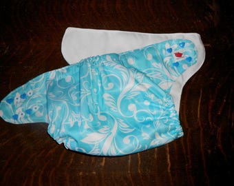 Full One Size Blue Floral Vine Pocket Diaper