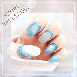 Silver Blue Cat Eye Press On Nails | Handmade Magnetic Glossy Fake Nails with Shell & Glitter Design | Short Ballerina Manicure Gift