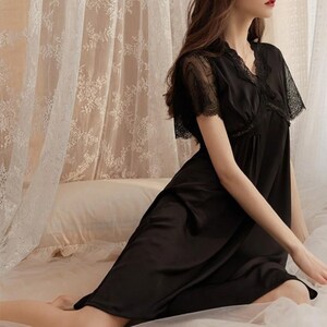 Elegant Satin Sleep Dress – Lace Nightgown with Built-In Bra, Short Sleeve Summer Lingerie Nightwear Black