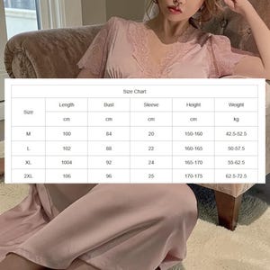 May include: A light pink satin nightgown with lace trim around the neckline and sleeves. The image includes a size chart with measurements in centimeters for length, bust, sleeve, height, and weight.