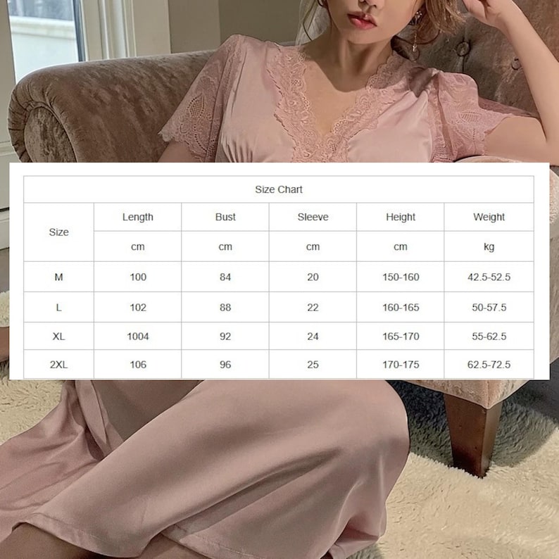 May include: A light pink satin nightgown with lace trim around the neckline and sleeves. The image includes a size chart with measurements in centimeters for length, bust, sleeve, height, and weight.