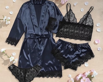 Sexy Lace Sleepwear Set for Women – 4 Piece Camisole Pajamas, Shorts, Robe & Nightdress Lounge Set