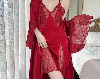 Conjunto de bata de novia bordada, camisón de encaje patchwork, ropa de dormir de rayón para verano, ropa de estar elegante para bodas.