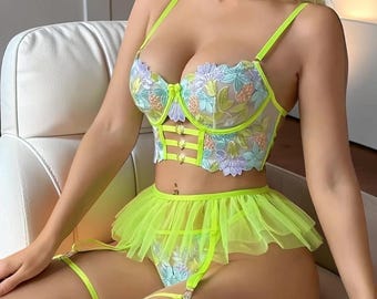 Sexy Mesh Lingerie Set Sheer Bikini Babydoll Tutu Dress for Women