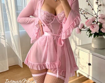 Sexy Lace Mesh Nightgown Set, Ruffled Bodysuit and Floral Satin Robe
