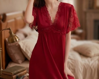 Elegante camisón de satén – Camisón de encaje con sujetador incorporado, lencería de verano de manga corta