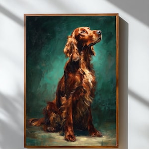 Pode incluir: Pintura emoldurada de um cão Setter Irlandês castanho-avermelhado com um olhar focado. O cão está situado contra um fundo verde-azulado. A obra de arte está numa moldura de madeira, adicionando um toque clássico.