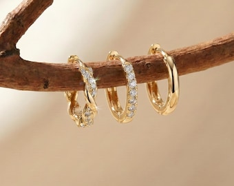 14K Gold Filled Huggie Hoop Earrings,Pave CZ Twisted Hoops,Small Cartilage Earring Set,Minimalist Stacking Jewelry,Everyday Gift for Her