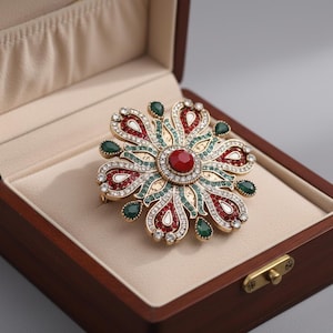 Peut inclure: Une broche florale dorée avec des accents rouges, verts et blancs, incrustée de strass. La broche est présentée dans un écrin en bois avec un intérieur beige.