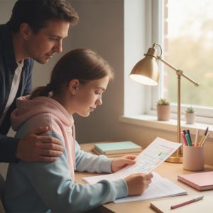 Puede incluir: Una persona con una sudadera con capucha rosa y azul estudia en un escritorio de madera, iluminado por una lámpara de escritorio dorada. Otra persona está detrás de ella, ofreciendo apoyo. El escritorio tiene papeles, un portalápices con bolígrafos y lápices y una pequeña planta en maceta.