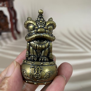 Brass Chinese Lion Dance Figurine, Mini Vintage Brass Lion Statue on Drum, Fu Character Lucky Lion Ornament, Oriental Desktop Tea Decor