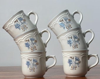 Tazas de cerámica vintage Cordella / Diseño floral azul / Fabricadas en Japón en la década de 1980 / Juego de 6 tazas de té y café