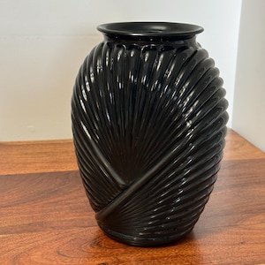 1980s Black Art Deco Revival Vase | Ribbed Draped Shell Design