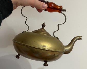 Brass Footed Tea Kettle with Amber Glass Handle