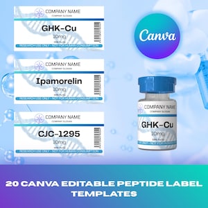 May include: A collection of white and blue peptide label templates with the text "GHK-Cu", "Ipamorelin", and "CJC-1295". A vial of "GHK-Cu" is also shown. The image includes the text "20 CANVA EDITABLE PEPTIDE LABEL TEMPLATES".
