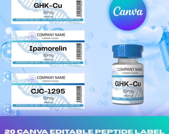 Unique Canva Editable Peptide Vial Label Templates | 20x Templates | 2"x1" INCH