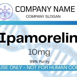 May include: A white label with the text "Ipamorelin 10mg 99% Purity". The label also includes the text "RESEARCH USE ONLY - NOT FOR HUMAN CONSUMPTION" and a barcode. The background features a DNA strand design.
