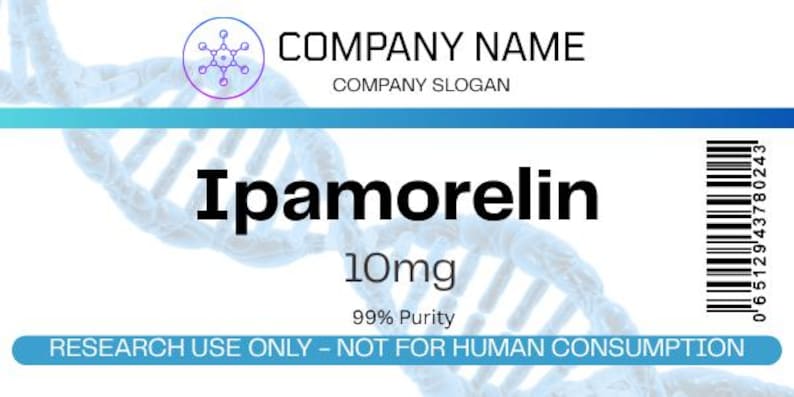 May include: A white label with the text "Ipamorelin 10mg 99% Purity". The label also includes the text "RESEARCH USE ONLY - NOT FOR HUMAN CONSUMPTION" and a barcode. The background features a DNA strand design.