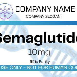 May include: A white label with the text "Semaglutide 10mg 99% Purity". The label also includes the text "RESEARCH USE ONLY - NOT FOR HUMAN CONSUMPTION". A barcode is on the right side of the label.