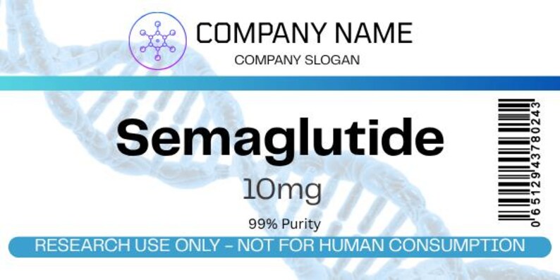 May include: A white label with the text "Semaglutide 10mg 99% Purity". The label also includes the text "RESEARCH USE ONLY - NOT FOR HUMAN CONSUMPTION". A barcode is on the right side of the label.