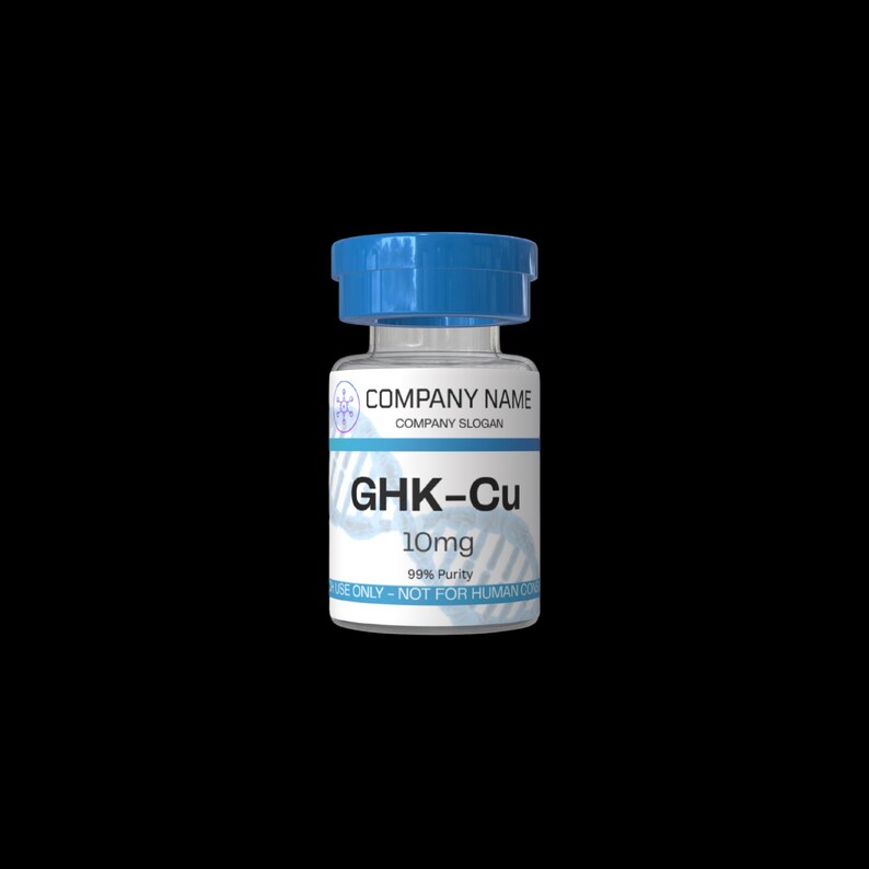 May include: A small, clear glass vial with a blue cap. The label reads "COMPANY NAME" and "COMPANY SLOGAN" above "GHK-Cu 10mg 99% Purity". The text "USE ONLY - NOT FOR HUMAN CON" is also visible.