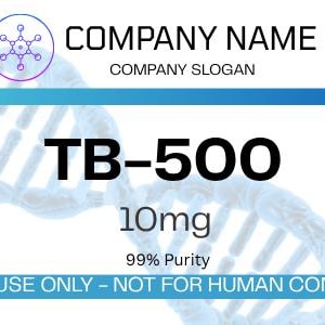 May include: A white label with blue and black text. The label reads "TB-500 10mg 99% Purity". The label also includes the text "RESEARCH USE ONLY - NOT FOR HUMAN CONSUMPTION". A barcode is on the right side.