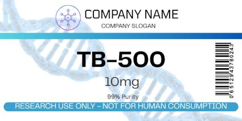 May include: A white label with blue and black text. The label reads "TB-500 10mg 99% Purity". The label also includes the text "RESEARCH USE ONLY - NOT FOR HUMAN CONSUMPTION". A barcode is on the right side.