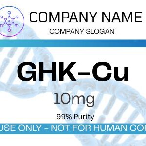 May include: A white label with the text "GHK-Cu 10mg 99% Purity" and the warning "RESEARCH USE ONLY - NOT FOR HUMAN CONSUMPTION". The label also includes a barcode and the company name and slogan.