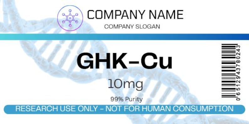May include: A white label with the text "GHK-Cu 10mg 99% Purity" and the warning "RESEARCH USE ONLY - NOT FOR HUMAN CONSUMPTION". The label also includes a barcode and the company name and slogan.