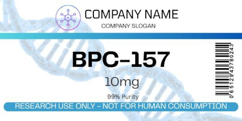 May include: A white label with the text "COMPANY NAME" and "COMPANY SLOGAN". The label also includes the text "BPC-157", "10mg", and "99% Purity". The bottom of the label reads "RESEARCH USE ONLY - NOT FOR HUMAN CONSUMPTION".
