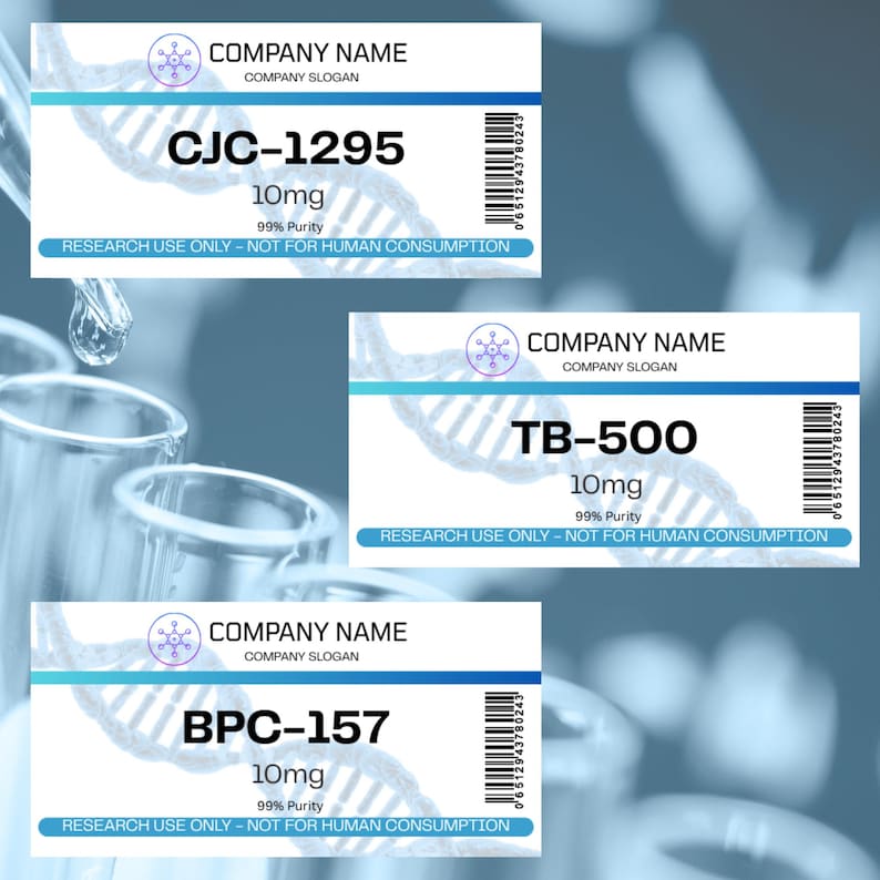 May include: Three product labels with the text "CJC-1295", "TB-500", and "BPC-157". Each label includes "10mg" and "99% Purity", along with the disclaimer "RESEARCH USE ONLY - NOT FOR HUMAN CONSUMPTION". The labels have a blue and white design.