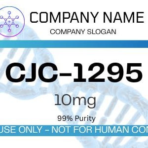 May include: A white label with the text "COMPANY NAME" and "COMPANY SLOGAN". The label also includes the text "CJC-1295 10mg 99% Purity" and "RESEARCH USE ONLY - NOT FOR HUMAN CONSUMPTION". A barcode is on the right.
