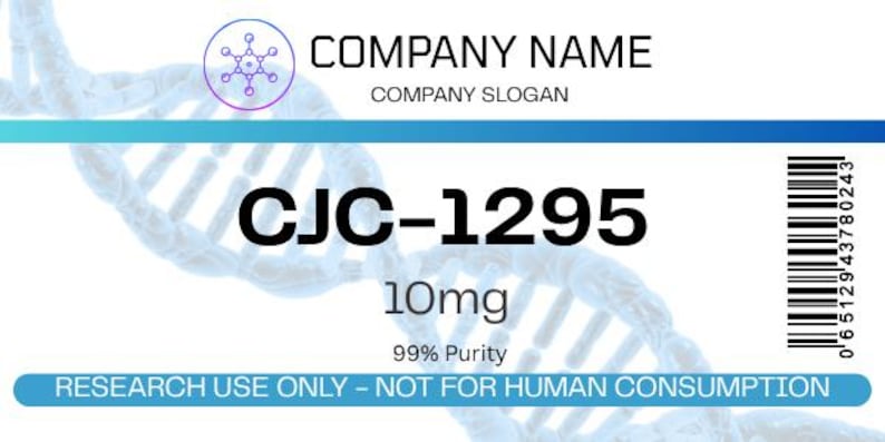 May include: A white label with the text "COMPANY NAME" and "COMPANY SLOGAN". The label also includes the text "CJC-1295 10mg 99% Purity" and "RESEARCH USE ONLY - NOT FOR HUMAN CONSUMPTION". A barcode is on the right.