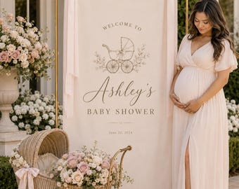 Custom Hello Baby Shower Welcome Banner, Linen Fabric Party Decor