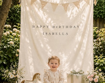 Custom Birthday Fabric Banner, Personalized Name Flag, Reusable Birthday Party Backdrop, Fabric Birtday Sign, linen Birthday Boho banner