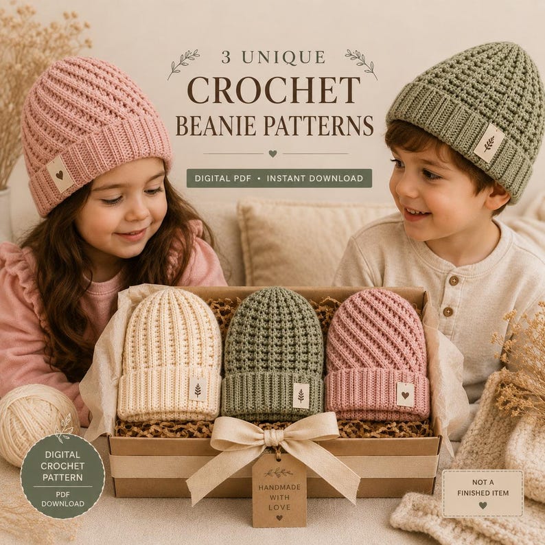 May include: A set of three crochet beanies in cream, sage green, and dusty rose, presented in a cardboard box with a beige ribbon. The beanies feature ribbed textures and small rectangular labels. Text reads 3 UNIQUE CROCHET BEANIE PATTERNS.