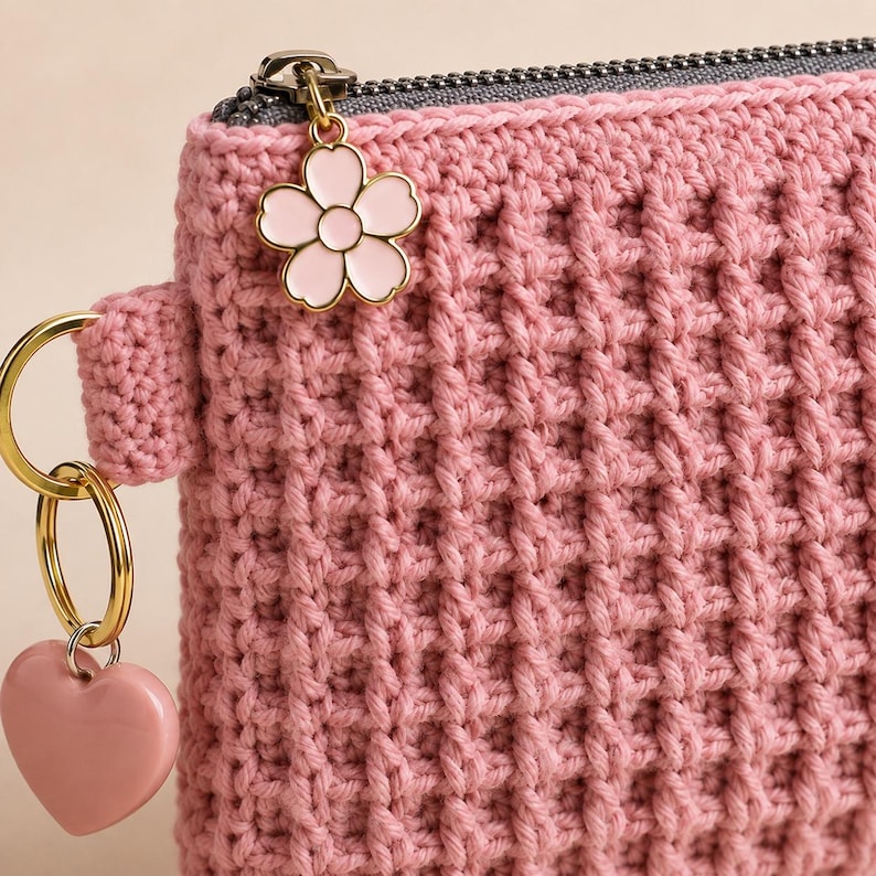 Puede incluir: Un estuche de ganchillo rosa con textura de gofre y cremallera gris oscuro. El tirador de la cremallera es un dije de flor de esmalte rosa claro. Un anillo de metal dorado est&aacute; sujeto al lateral, sosteniendo un dije de coraz&oacute;n rosa claro.