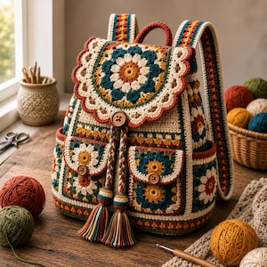 May include: A crochet backpack featuring a colorful floral granny square pattern in shades of teal, mustard yellow, cream, and rust. The bag includes a scalloped flap, two front pockets with wooden buttons, braided drawstrings with tassels, and straps.