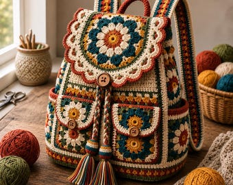 Puede incluir: Una mochila de ganchillo con un colorido patrón floral de cuadrados granny en tonos verde azulado, amarillo mostaza, crema y óxido. La bolsa incluye una solapa festoneada, dos bolsillos delanteros con botones de madera, cordones trenzados y correas.