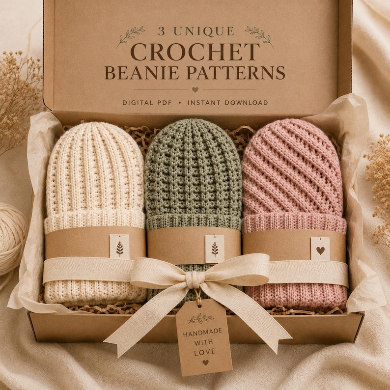May include: A cardboard box containing three crochet beanies in cream, sage green, and dusty pink, each wrapped in a paper band with a small tag. The box lid text reads 3 UNIQUE CROCHET BEANIE PATTERNS DIGITAL PDF INSTANT DOWNLOAD.