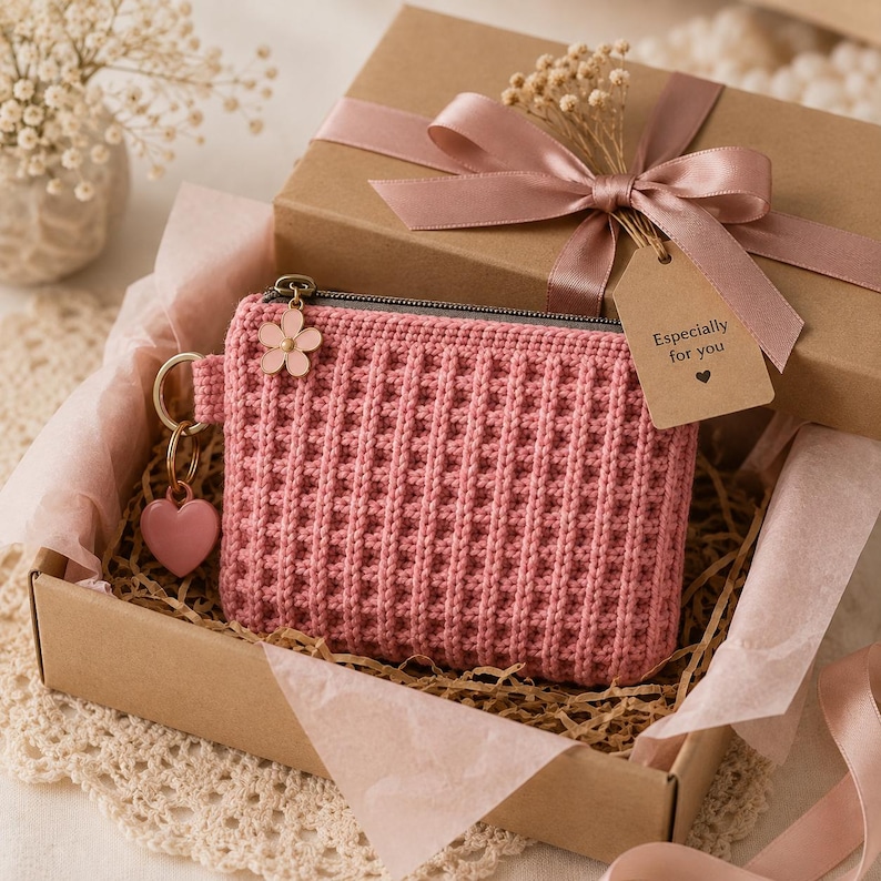 Puede incluir: Un monedero de ganchillo rosa con textura de gofre, que incluye una cremallera met&aacute;lica, un peque&ntilde;o dije de flor y un llavero en forma de coraz&oacute;n. Se presenta en una caja de regalo con una cinta rosa y una etiqueta que dice Especially for you.