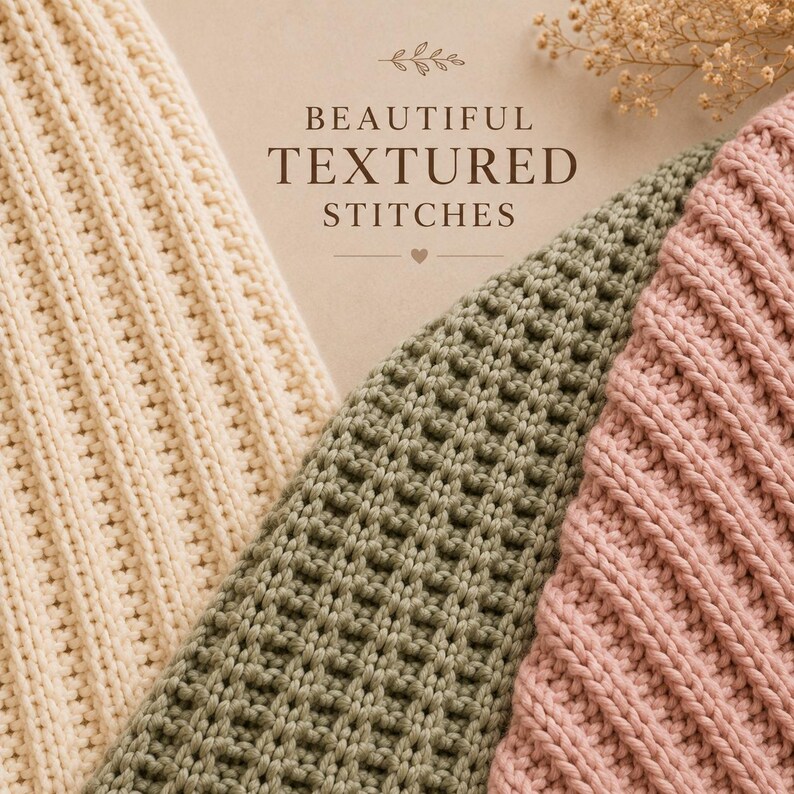 May include: Three pieces of knitted fabric in cream, sage green, and dusty pink. The cream and pink pieces feature vertical ribbed patterns, while the green piece has a grid-like texture. Text reads BEAUTIFUL TEXTURED STITCHES.