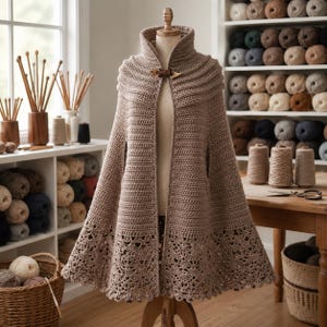 May include: A light brown crochet cape with a high collar and a wooden toggle closure at the neck. The garment features a textured ribbed stitch pattern on the upper section and an intricate, openwork lace border along the bottom hem.