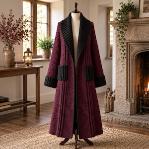 May include: A long, floor-length open-front cardigan featuring a deep burgundy knit body with vertical ribbed detailing. The garment includes a wide black shawl collar, black sleeve cuffs, and two black patch pockets on the front of the coat.