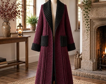 May include: A long, floor-length open-front cardigan featuring a deep burgundy knit body with vertical ribbed detailing. The garment includes a wide black shawl collar, black sleeve cuffs, and two black patch pockets on the front of the coat.