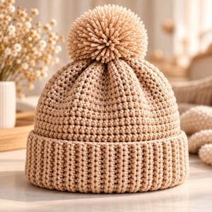 Pode incluir: Um gorro de malha bege com uma barra canelada grossa e um pompom grande e texturizado no topo. O gorro é feito de fio castanho-claro consistente, com um padrão de pontos visível e uniforme na coroa e uma barra canelada vertical.